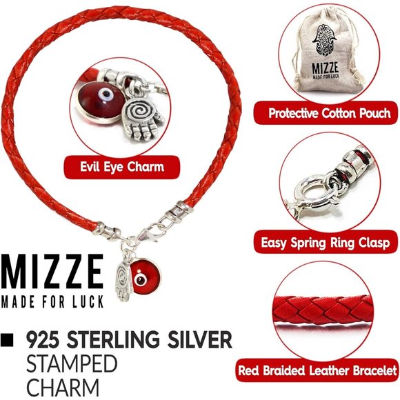 Unisex 7" Red Leather Hamsa Evil Eye Bracelet with Sterling Silver Charm - Picture 3 of 6
